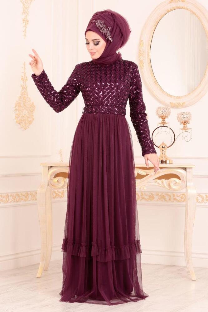 Violet Foncé - Tesettürlü Abiye Elbise - Robes de Soirée Hijab 8570MU - 1