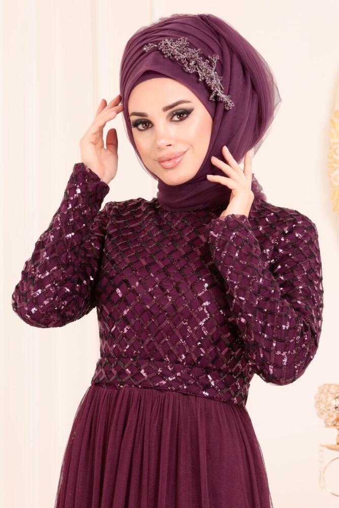 Violet Foncé - Tesettürlü Abiye Elbise - Robes de Soirée Hijab 8570MU - 2
