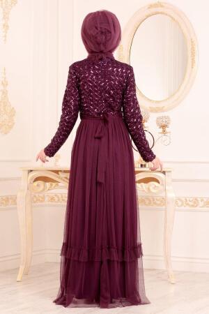 Violet Foncé - Tesettürlü Abiye Elbise - Robes de Soirée Hijab 8570MU - 3