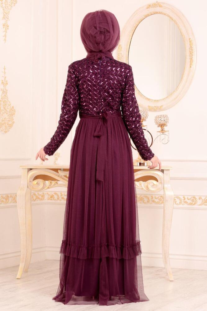 Violet Foncé - Tesettürlü Abiye Elbise - Robes de Soirée Hijab 8570MU - 3