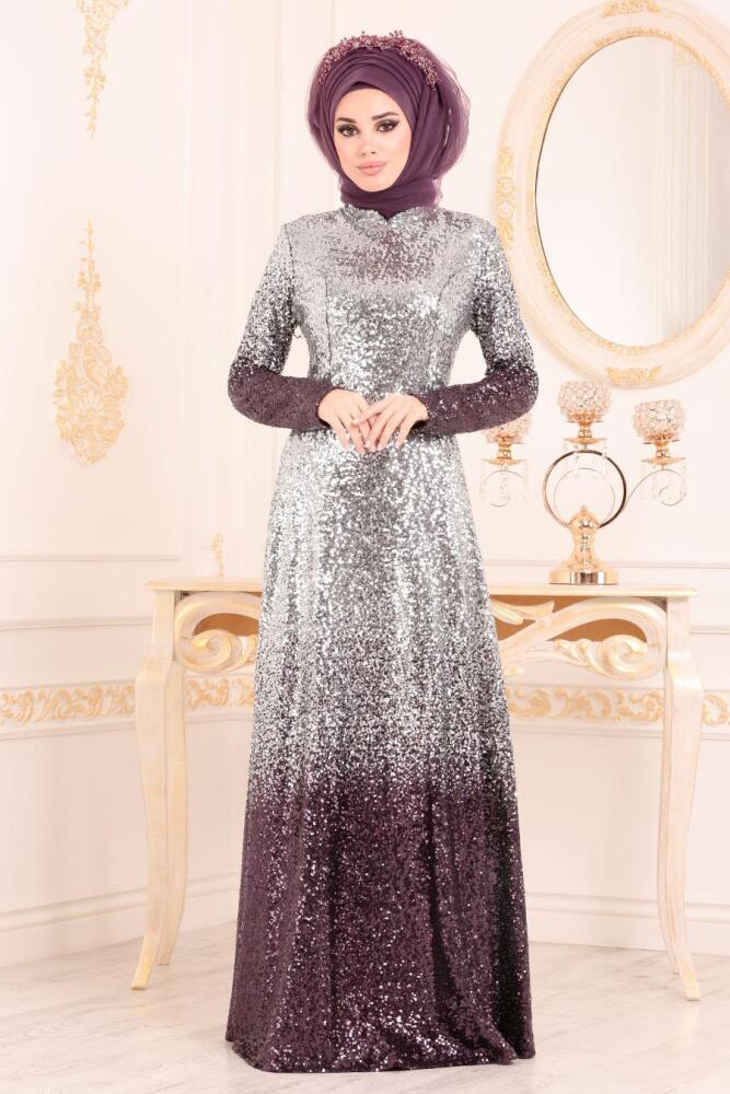 Violet Foncé - Tesettürlü Abiye Elbise - Robes de Soirée Hijab 8576MU - 2