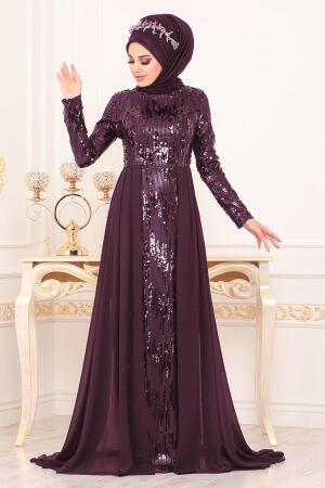 Violet Foncé- Tesettürlü Abiye Elbise - Robes de Soirée Hijab 8590MU - 1
