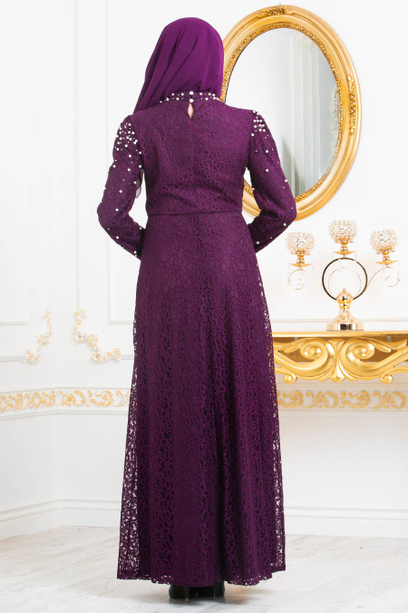 Violet-Tesettürlü Abiye Elbise - Robe de Soirée Hijab 3130MOR