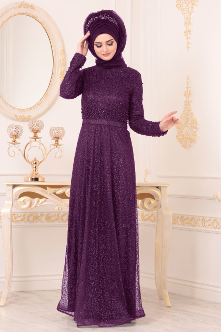 Violet-Tesettürlü Abiye Elbise - Robe de Soirée Hijab 32501MOR
