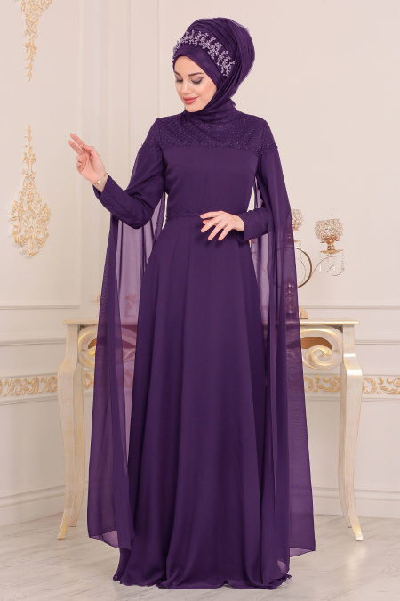 Violet-Tesettürlü Abiye Elbise - Robe de Soirée Hijab 3294MOR