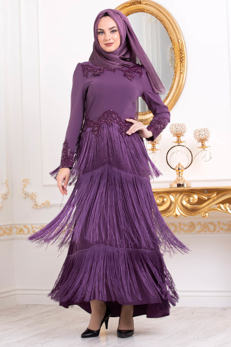 Violet-Tesettürlü Abiye Elbise - Robe de Soirée Hijab 3634MOR
