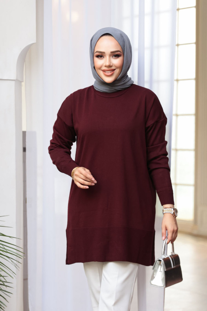 Vişne Tesettür Triko Kazak Tunik 2822VSN - N.S NEVA STYLE