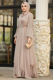 Vison - Tesettürlü Abiye Elbise - Robe de Soirée Hijab - 39480V - Thumbnail