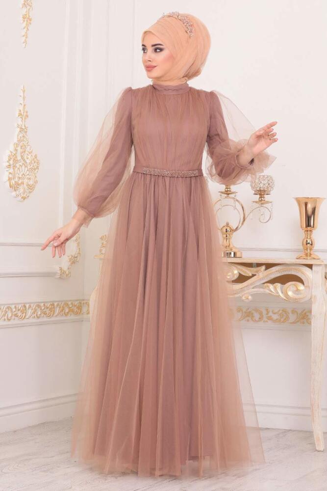 Vison - Tesettürlü Abiye Elbise - Robe de Soirée Hijab - 40020V - 1