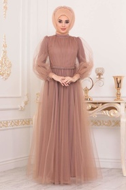 Vison - Tesettürlü Abiye Elbise - Robe de Soirée Hijab - 40020V - Thumbnail
