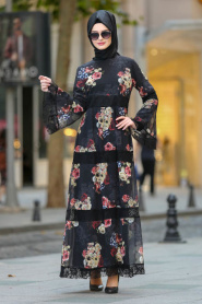 Volan Kol Çiçek Desenli Siyah Tesettür Elbise 100427S - Thumbnail
