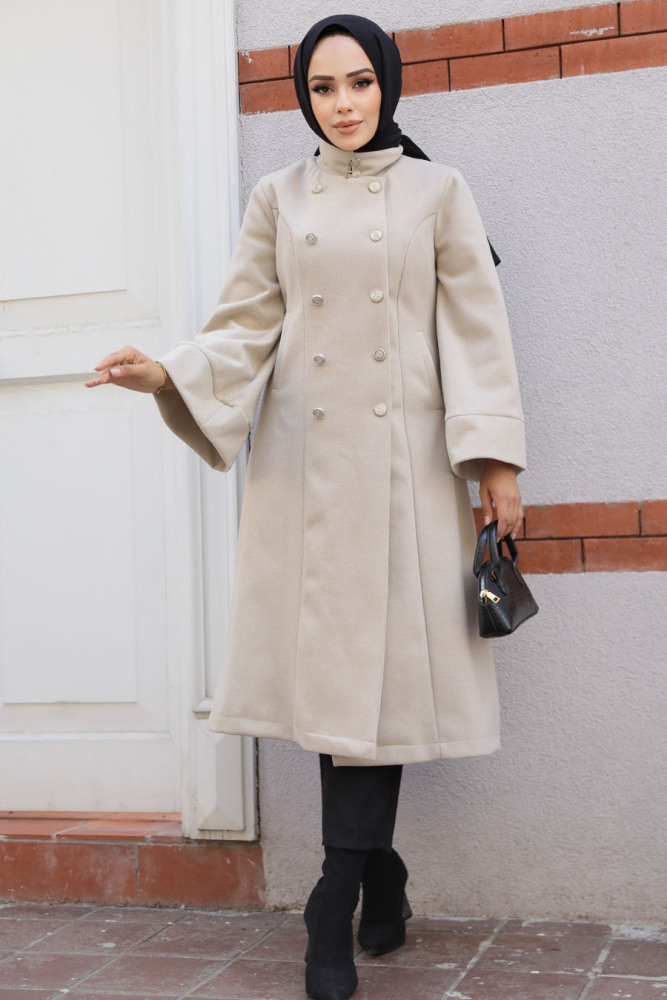 Volan Kollu Bej Kaşe Tesettür Kaban 61112BEJ - NEVA STYLE