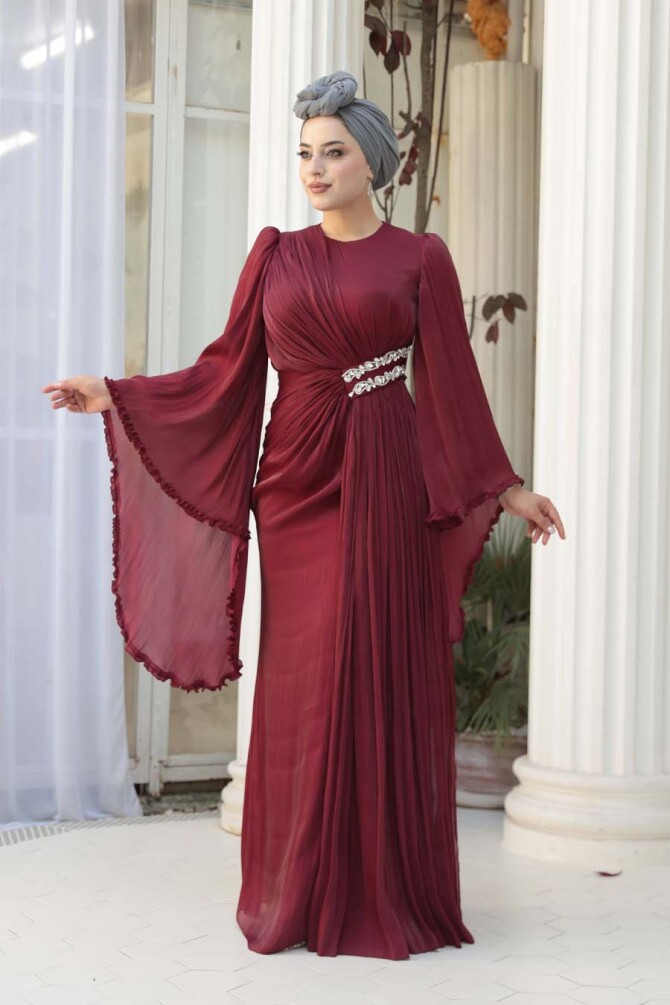 Volan Kollu Bordo Tesettür Abiye Elbise 5322BR - 3