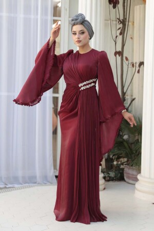 Volan Kollu Bordo Tesettür Abiye Elbise 5322BR - 4