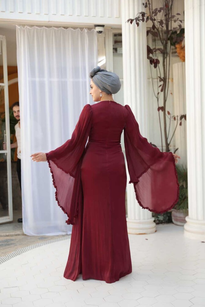 Volan Kollu Bordo Tesettür Abiye Elbise 5322BR - 5