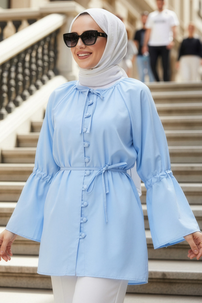 Volan Kollu Mavi Tesettür Tunik 20298M - 1