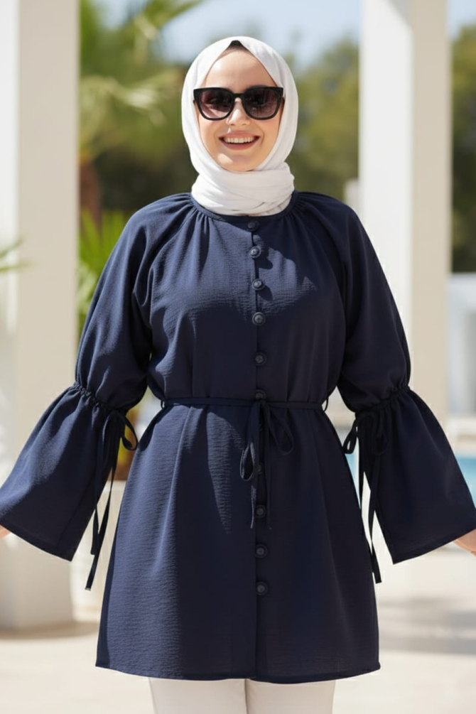 Volan Kollu Navy Blue Modest Tunic 20298L - 1