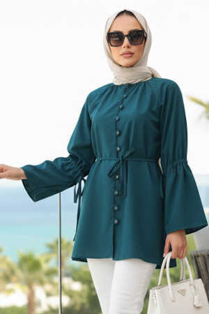 Volan Kollu Petrol Mavisi Tesettür Tunik 20298PM 