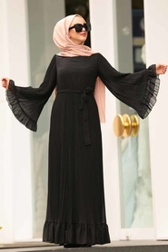 Volan Kollu Siyah Tesettür Elbise 1310S - Thumbnail