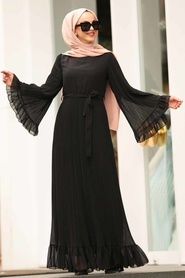 Volan Kollu Siyah Tesettür Elbise 1310S - Thumbnail