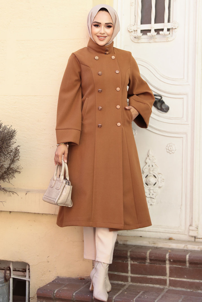 Volan Kollu Taba Kaşe Tesettür Kaban 61112TB - NEVA STYLE