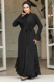 Volanlı Siyah Tesettür Abaya 4482S - Thumbnail