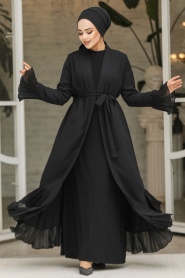 Volanlı Siyah Tesettür Abaya 4482S - Thumbnail