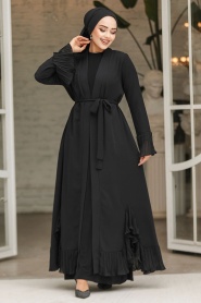 Volanlı Siyah Tesettür Abaya 4482S - Thumbnail