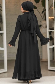 Volanlı Siyah Tesettür Abaya 4482S - Thumbnail