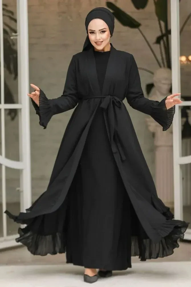 Volanlı Siyah Tesettür Abaya 4482S - 1