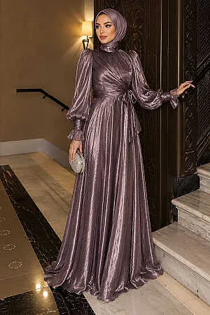 Waist Draped Tie Detail Dark Lilac Modest Evening Dress 5668KLILA 