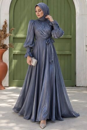 Waist-Draped Tie-Detail Gray Modest Evening Dress 5668GR - 1