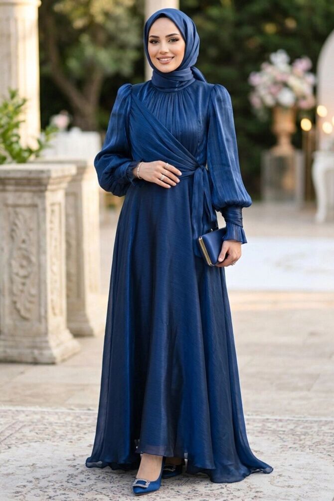 Waist Draped Tie Detail Navy Blue Modest Evening Dress 5668L - 1