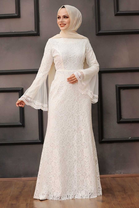 Neva Style - Modern White Islamic Clothing Wedding Dress 2567B - 2
