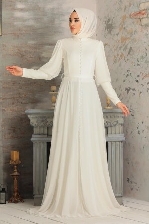 White Hijab Evening Dress 54551B - Thumbnail