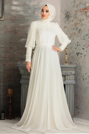 White Hijab Evening Dress 54551B - Thumbnail