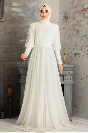 White Hijab Evening Dress 54551B - Thumbnail