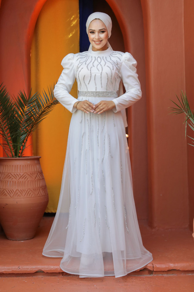 White Modest Bridesmaid Dress 51912B - 2