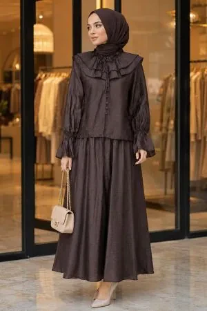 Wide Neckline-Detail Brown Modest Set 26082KH - 1