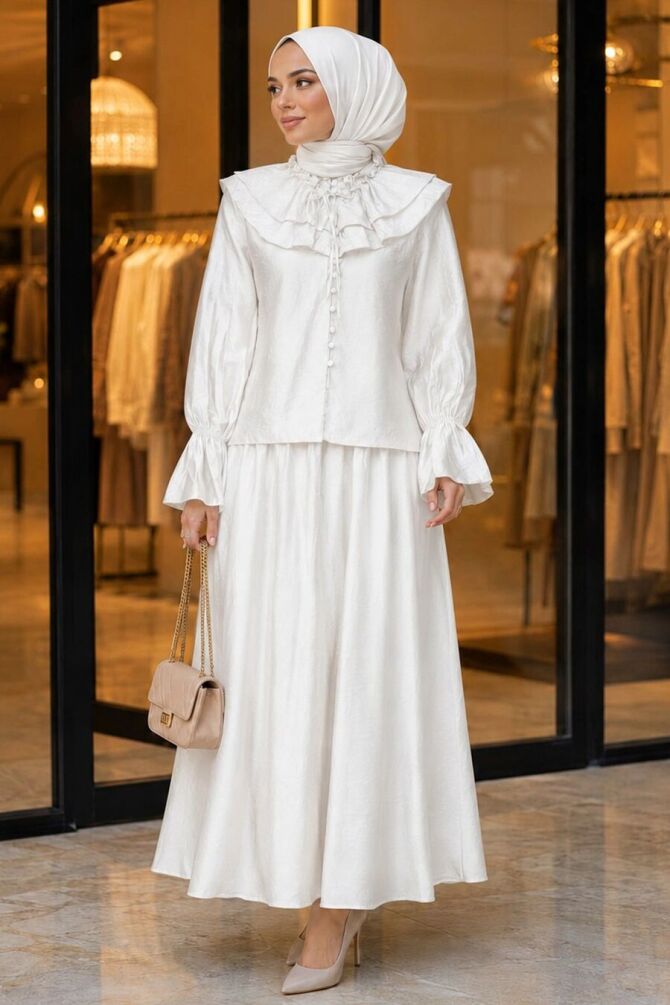 Wide Neckline-Detail White Modest Set 26082B - 1