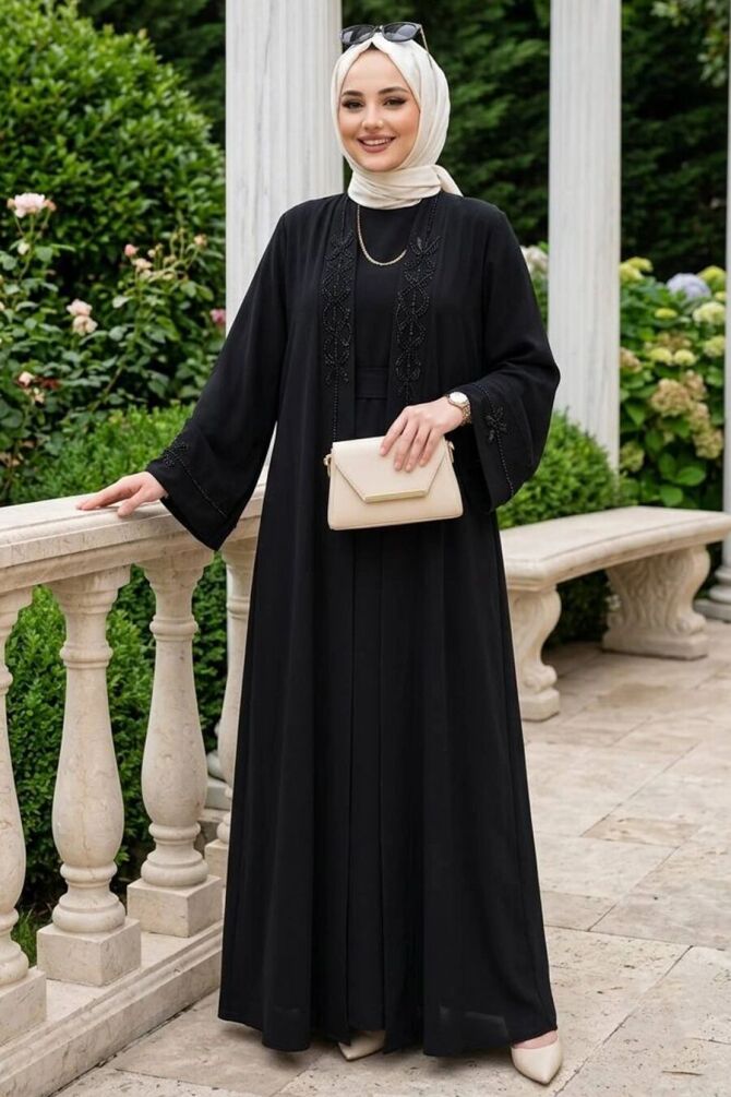 With Inner Lining and Embroidery Detailed Black Modest Abaya Dress 10581S - 1