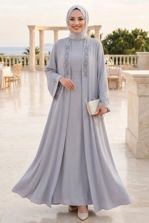 With Inner Lining and Embroidery Detailed Gray Modest Abaya Dress 10581GR 