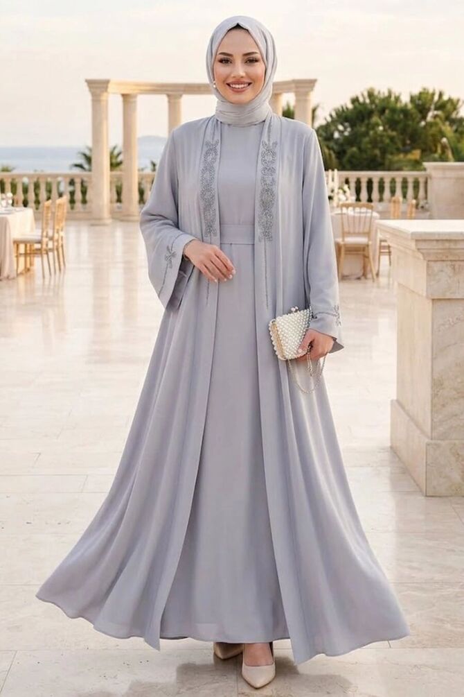 With Inner Lining and Embroidery Detailed Gray Modest Abaya Dress 10581GR - 1
