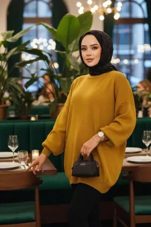 Yağ Yeşili Tesettür Triko Kazak Tunik 17201YY 