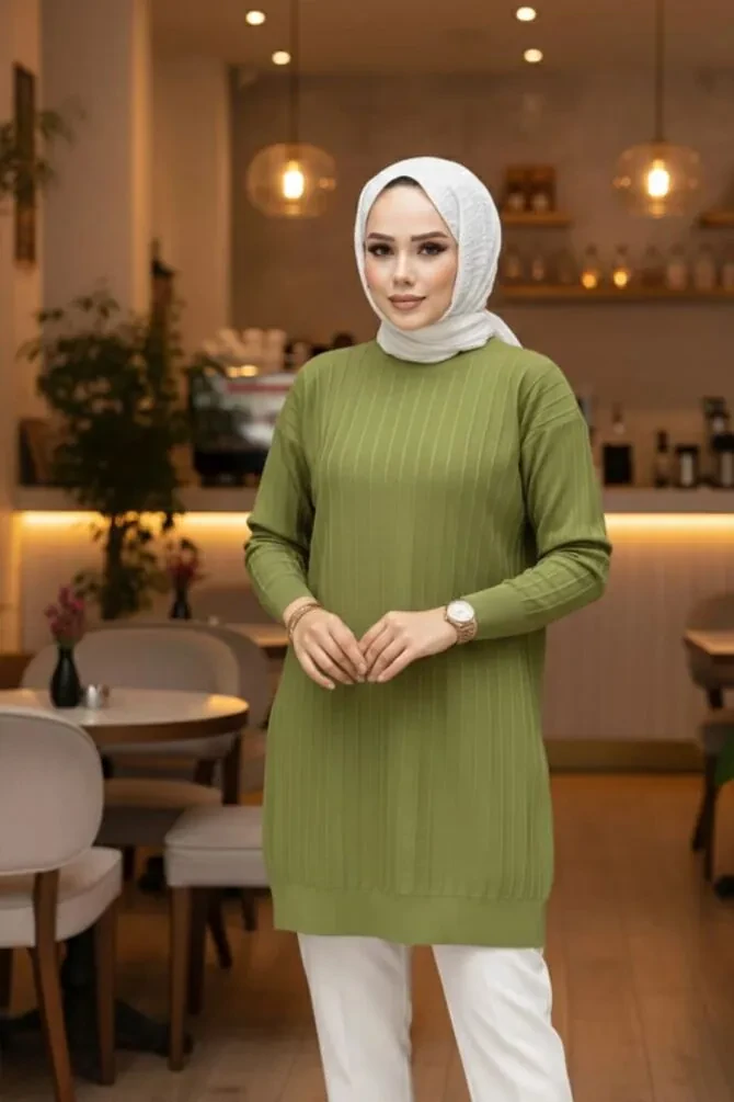 Yağ Yeşili Tesettür Triko Kazak Tunik 17210YY - 1