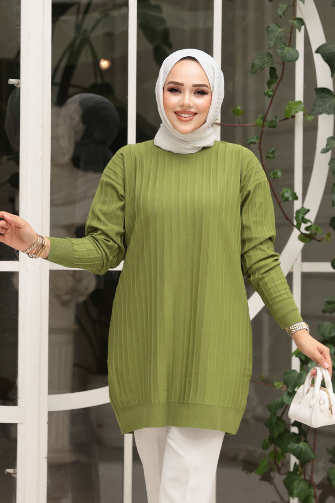 Yağ Yeşili Tesettür Triko Kazak Tunik 17210YY - 2