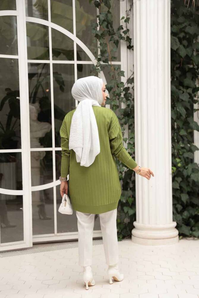 Yağ Yeşili Tesettür Triko Kazak Tunik 17210YY - 3