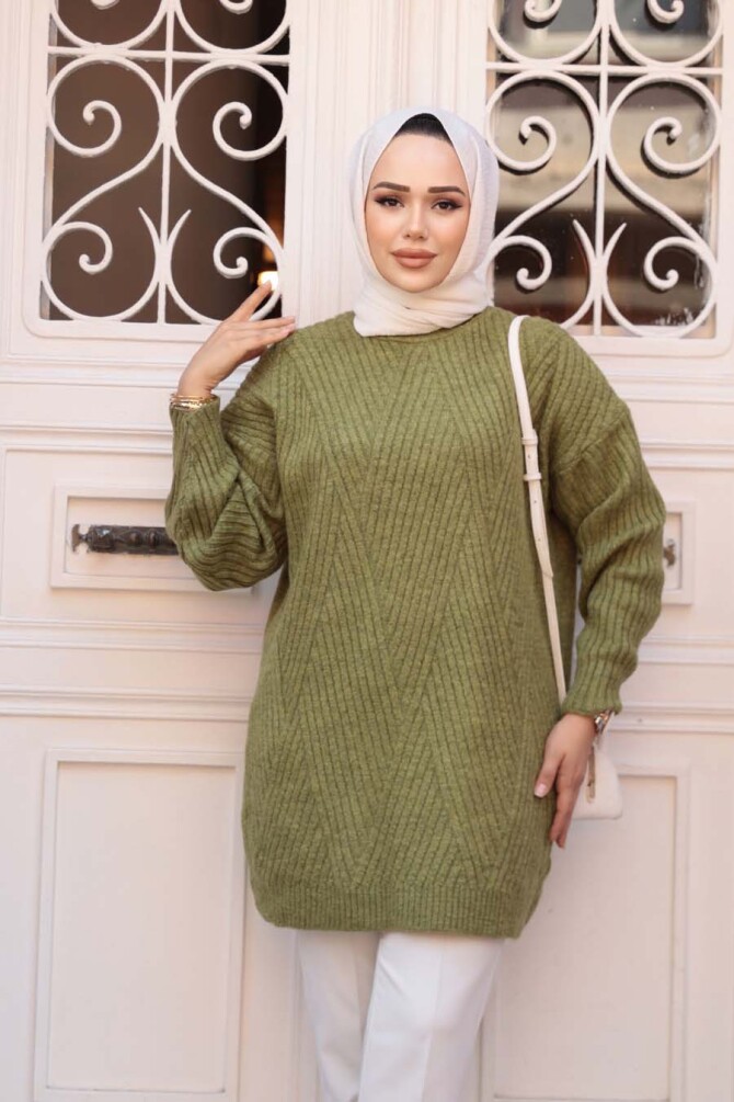 Yağ Yeşili Tesettür Triko Kazak Tunik 7852YY - 3