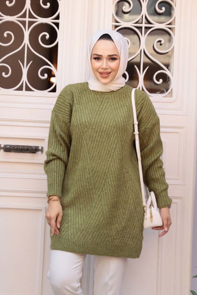 Yağ Yeşili Tesettür Triko Kazak Tunik 7852YY - 2