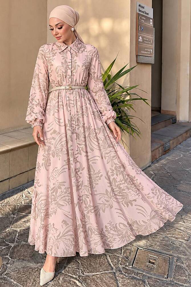 Collared Elastic-Waist Patterned Powder Pink Modest Dress 2495PD - 1